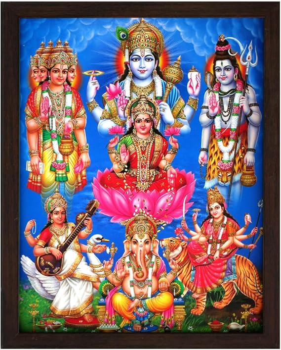 SANVIKA Lakshmi Devi Photo Poster Frame Wall Decor, Goddess Laxmi Art Frame For Living Room Decor, Hindu Decor For Home Office, Pooja Room (Lakshmi Showering Money, 12" x 9")