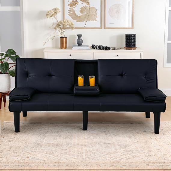 67-inch Futon Sofa Bed Modern Folding Futon Set Convertible Recliner Lounge for Living Room with 2 Cup Holders, Removable Armrests (Black)
