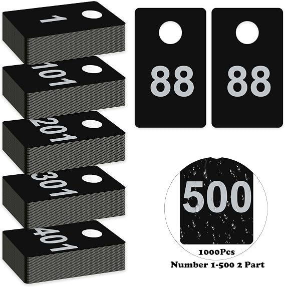 1000Pcs Plastic Check Tags 2 Part Coat Check Tickets 1.5x2.5inch Number Cards 1 to 500 with Hole Reusable Coat Room Tags Claim Ticket for Closet Organization Event Raffle Draws Cloakroom Storage Blac