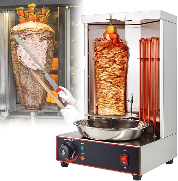 Vertical Shawarma Grill Machine, Electric Kebab Gyro Rotisserie Broiler with 2 Heating Tubes and Meat Catch Pan, Barbecue Stove Cutter