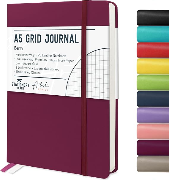 STATIONERY ISLAND A5 Squared Notebook, Graph Paper Notebook with 120gsm Premium Thick Paper, 180 Pages Hardback Grid Notebook for Planning, Diary, Journaling