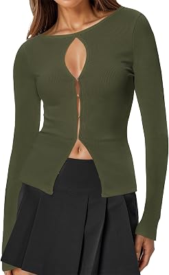 Ribbed Long Sleeve Tops for Women Cut Out Ribbed Knit Crewneck Sweater Fall Slim Fit Going Out Top