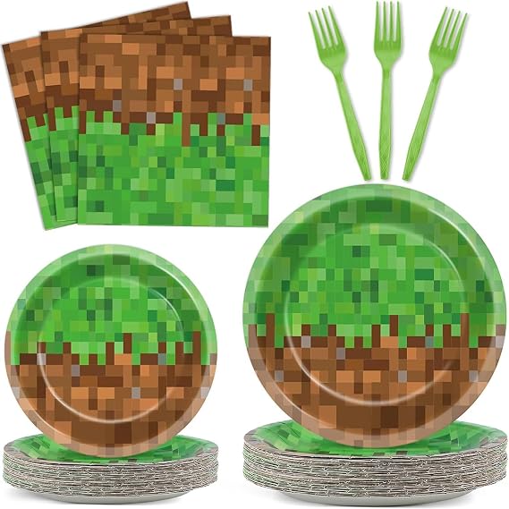 96 Pcs Pixel Birthday Party Plates and Napkins, Gamer Party Supplies, Pixel Paper Dessert Plates Gaming Party Disposable Tableware Set - 24 Guests