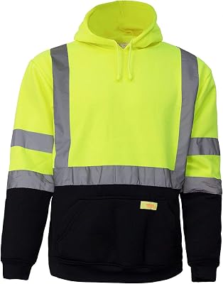 H8312 Mens ANSI Class 3 High Visibility Class 3 Sweatshirt, Hooded Pullover, Knit Lining, Black Bottom Lime, Set of 5XL