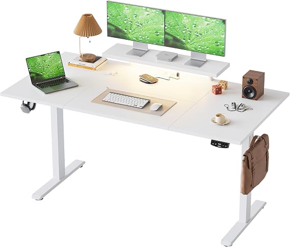 Klicelor Height Adjustable desk with LED Lights and Power Outlets, 160x80cm, movable monitor stand for Game and Home Office, Standing desk with 4-piece tabletop, white