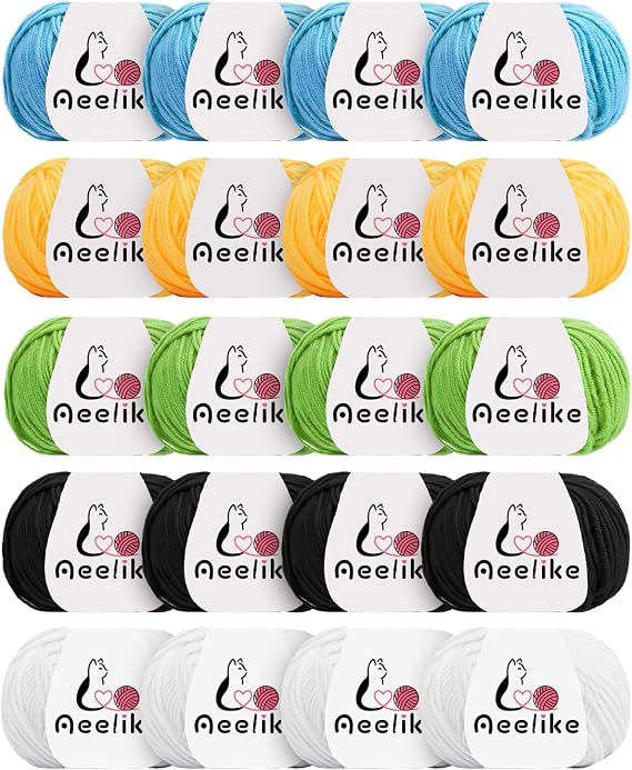 Aeelike Cotton Yarn for Crocheting, 20 PCS Multicolored Crochet Yarns Set Milk Cotton Yarn Bundle 4 Medium (Worsted) for DIY Crafts Sweaters