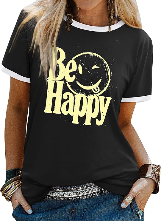 Dresswel T-Shirt Women's Summer Smile Print T-Shirts Crew Neck Short Sleeve Tee Top Inspirational Positive Sayings T Shirt Graphic Print Tee Shirts Tops