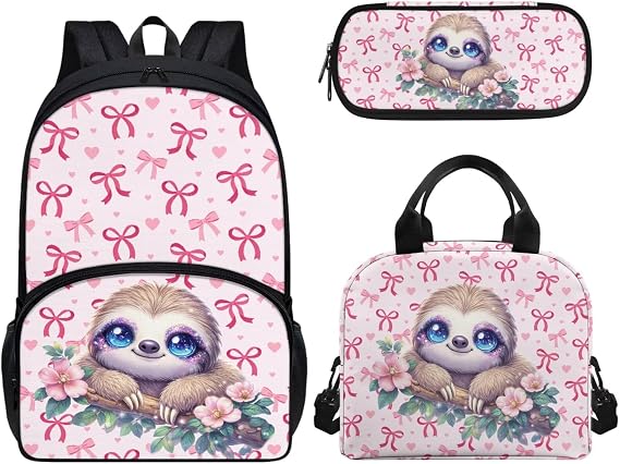 Bow Sloth School Bag for Girls, 3Pcs Students Backpack, Elementary Girls Bookbag Sets with Lunch Box Pencil Case for School