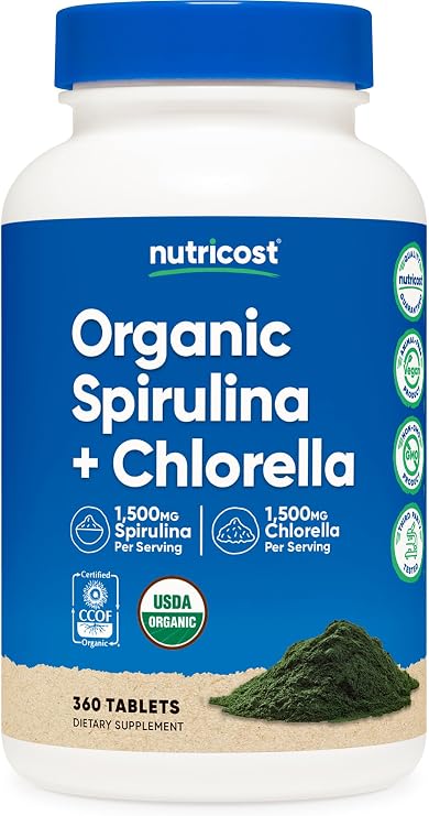 Nutricost Organic Spirulina + Chlorella (3,000mg) 360 Tablets - USDA Organic, 1,500mg Spirulina, 1,500mg Chlorella, Vegan, GMO-Free, Gluten-Free, 60 Servings