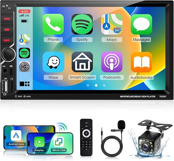 Double Din Car Stereo with Wireless Carplay Android Auto BT5.1