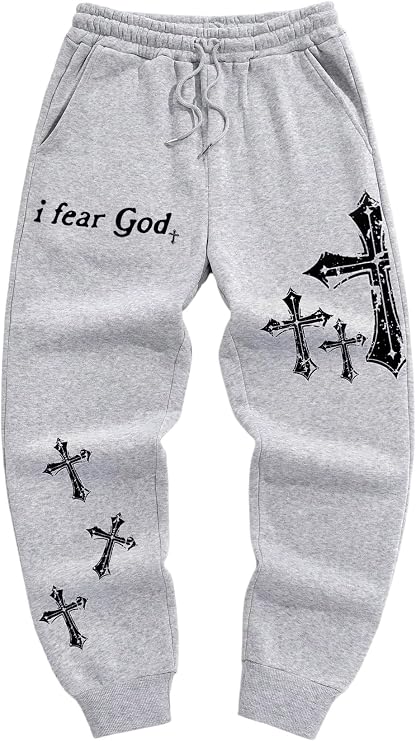 WDIRARA Men's Letter Cross Print Jogger Pants Drawstring Waist Sweatpants