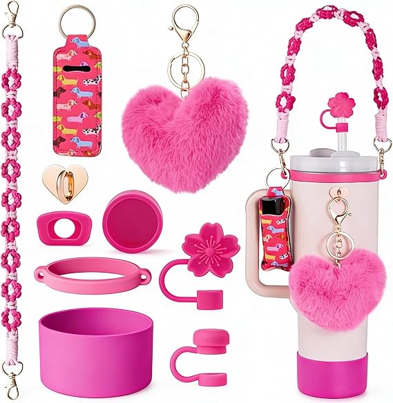 10PCS Stanley Cup Accessories Set for 30oz 40oz Tumbler,Including Silicone Stanley Cup Boot Straw Cover, Spill Stopper,Heart Charm, Water Bottle Handle Strap&Tumbler Charms Decorations(Rose Red)