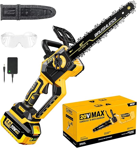 10 Inch Cordless Chainsaw for DEWALT 20V MAX Battery, 1000W Brushless Handheld Chainsaw with 4.0Ah Battery, Battery Powered Electric Chain Saw for Wood Cutting, Battery & Charger Included