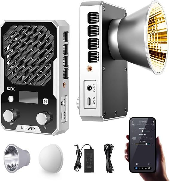 NEEWER 100W Ultra Compact LED Video Light APP/Panel Control, Pocket Size Bi Color COB Continuous Output Lighting with 4 Dimming