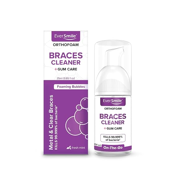 EverSmile OrthoFoam Braces Cleaner Travel Size Brushable Foam Whitens Teeth, Eliminates Bacteria, Fights Plaque and Bad Breath Cleans Under Metal, Ceramic, Clear Brackets and Wires 25ml