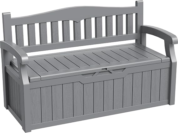 Greesum 80 Gallon Storage Bench Outdoor Deck Box with Armrest, Grey | Patio Furniture,Lockable, Waterproof and UV Resistant, Suitable for Garden, Pool