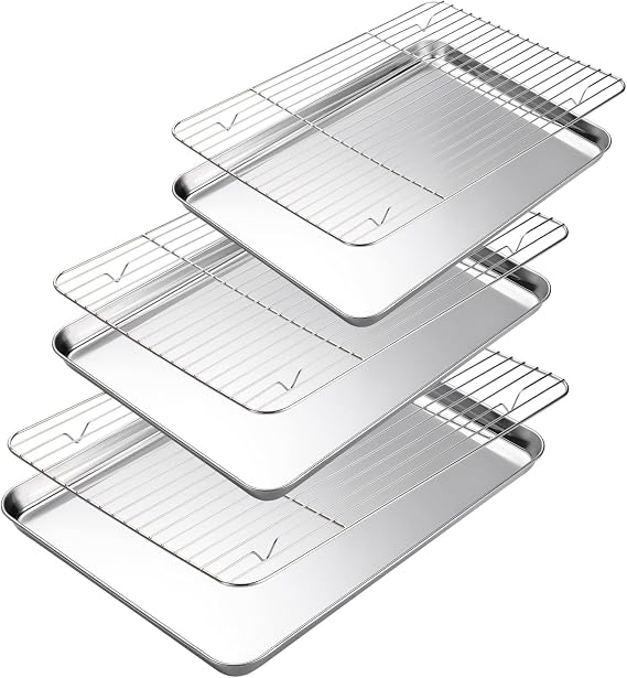 Amrules Baking Sheet with Cooling Rack, Set of 6, Kitchen Baking Pans | Including 3 Premium Stainless Steel Cookie Sheets, 3 Wire Racks, 3 Different Sizes, Nonstick, Heavy Duty Non Toxic