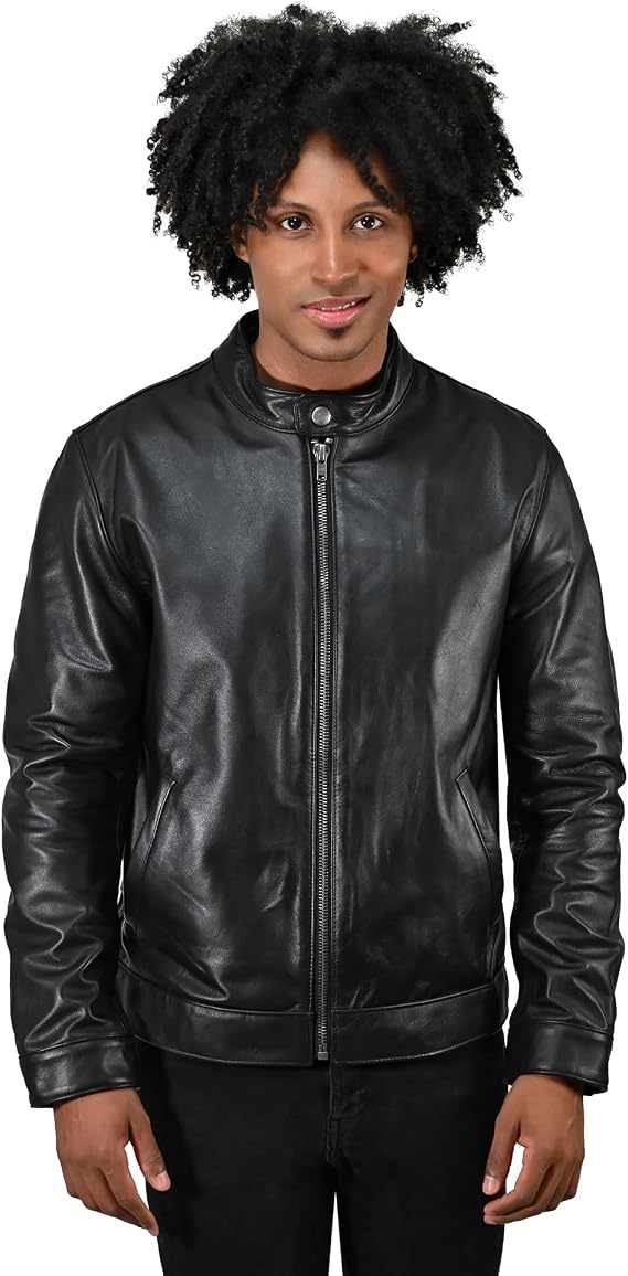Frye MENS CLASSIC RACER JACKET, GENUINE LEATHER, MAO COLLAR, SLEEK FINISH SHINY BLACK