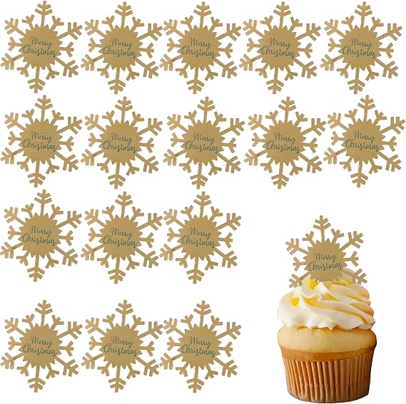 20 PCS Snowflake Cake Toppers, Gold Merry Christmas Cupcake Toppers, Winter Party Food Decorations Cake Decoration, Christmas Decorations Birthday Party Supplies