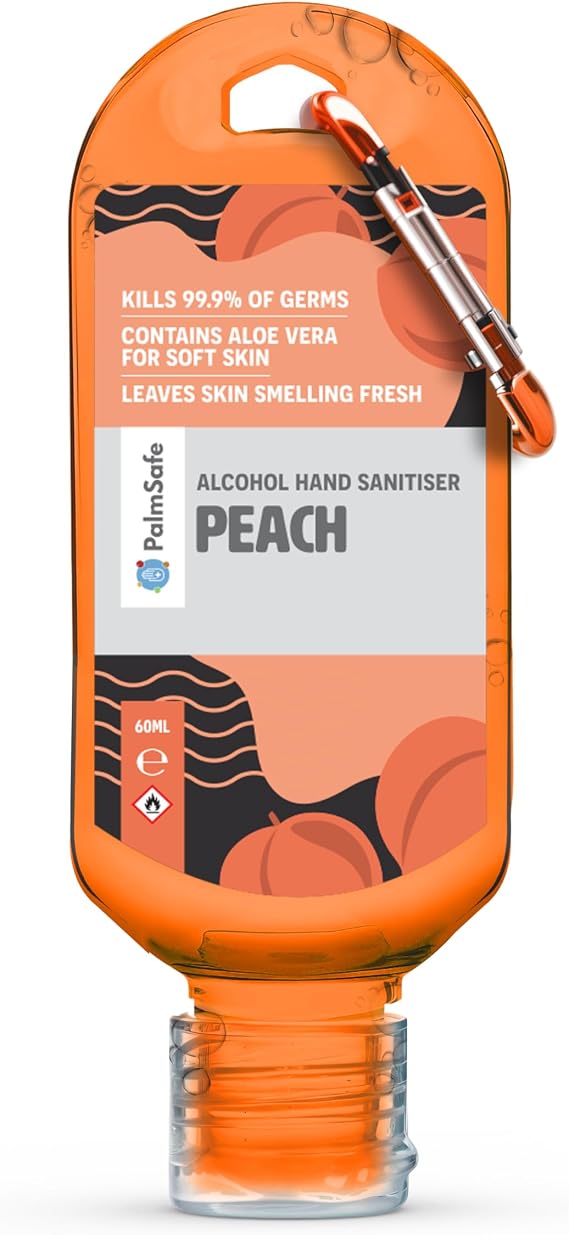 Palm Safe Peach 60ml Anti Bacterial Premium Hand Sanitiser Travel Size Refillable Clip Bottle Quick Drying Non Sticky Extra Moisturising Kills 99.9% of Viruses and Bacteria