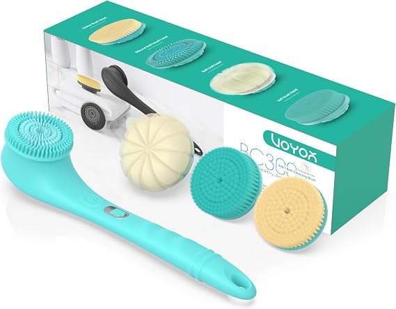 VOYOR Electric Body Brush Back Brush for Shower Long Handle, Rechargeable | Silicone Body Scrubber Two-Way Rotating Brush Head for Deep Cleaning, Exfoliation, 4 Attachments IPX6 Waterproof, BC300 Blue