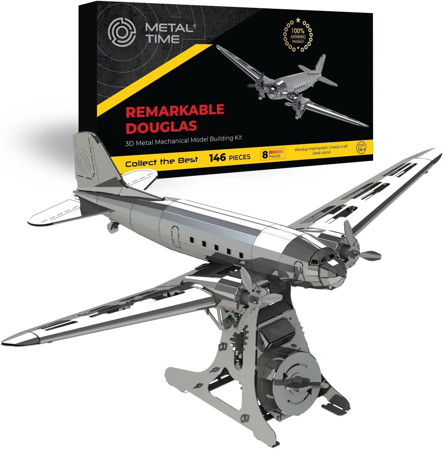 METAL-TIME REMARKABLE DOUGLAS, Douglas DC-3 Model, 3D Metal Airplane Model Mechanical Building Kit, Unique Wind-Up Moving Mechanism, Stainless Steel DIY Construction with Toolbox - 146 Pieces