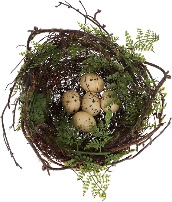 Happyyami Artificial Vine Bird Nest with 5 Simulation Eggs Bird's Egg Nest Tabletop Decoration for Garden, Patio