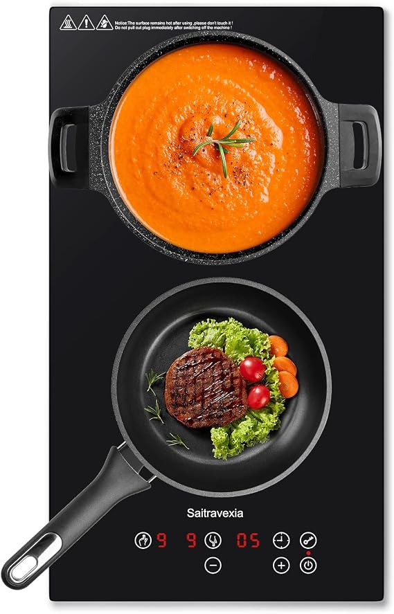 Double Induction Cooktop, 12 Inch Counter top Burner & Built-in Induction Stove Top Ceramic Glass, Child Lock, 3300W & 9 POWER LEVELS, Timer, Touch Control 220-240V Hard Wire