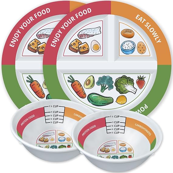 4 Pcs Portion Control Plates & Bowls Set (9 Inch), Self-Measuring for Weight Loss, Gastric Bypass, LapBand, Diabetes, Healthy Diets, Divided Nutrition Plates for Adults & Children