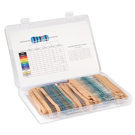 1000-Piece Resistor Kit, 25-Value 1/4W 1% Metal Film, 1-1M | 25 values from 1 to 1M, 40 each, with breadboard-friendly leads and a clear case with printed value and color-band guides.