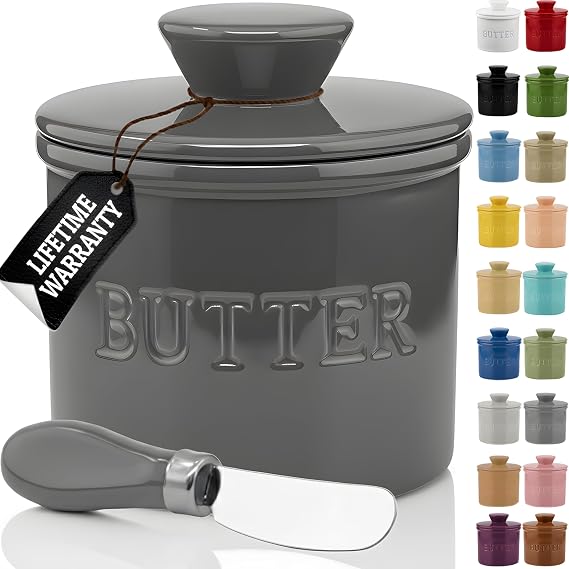 Priority Chef Butter Crock with Lid for Countertop with Spreader Knife and Water Line, Soft Spreadable Butter, Ceramic French Butter Dish with Lid, Grey