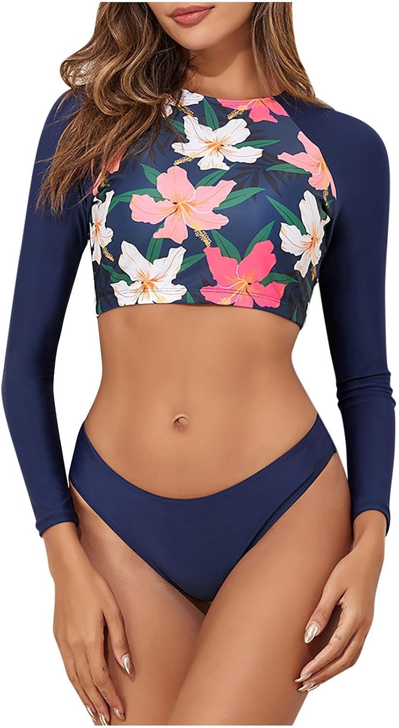 Women Floral Long Sleeve Cropped Rash Guard Swimsuit Fashion Split Two Piece Swimwear Beach Surf Bathing Suit