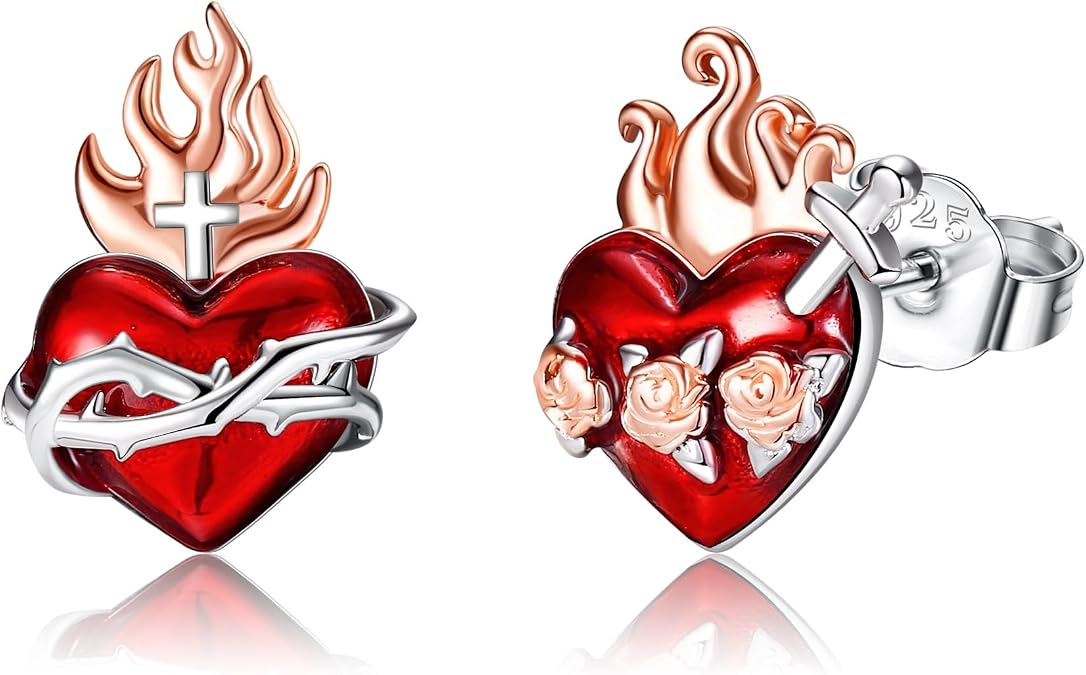 MONGAS Sacred Heart Earrings Sterling Silver Sacred Heart of Jesus Stud Earring Jewelry for Women