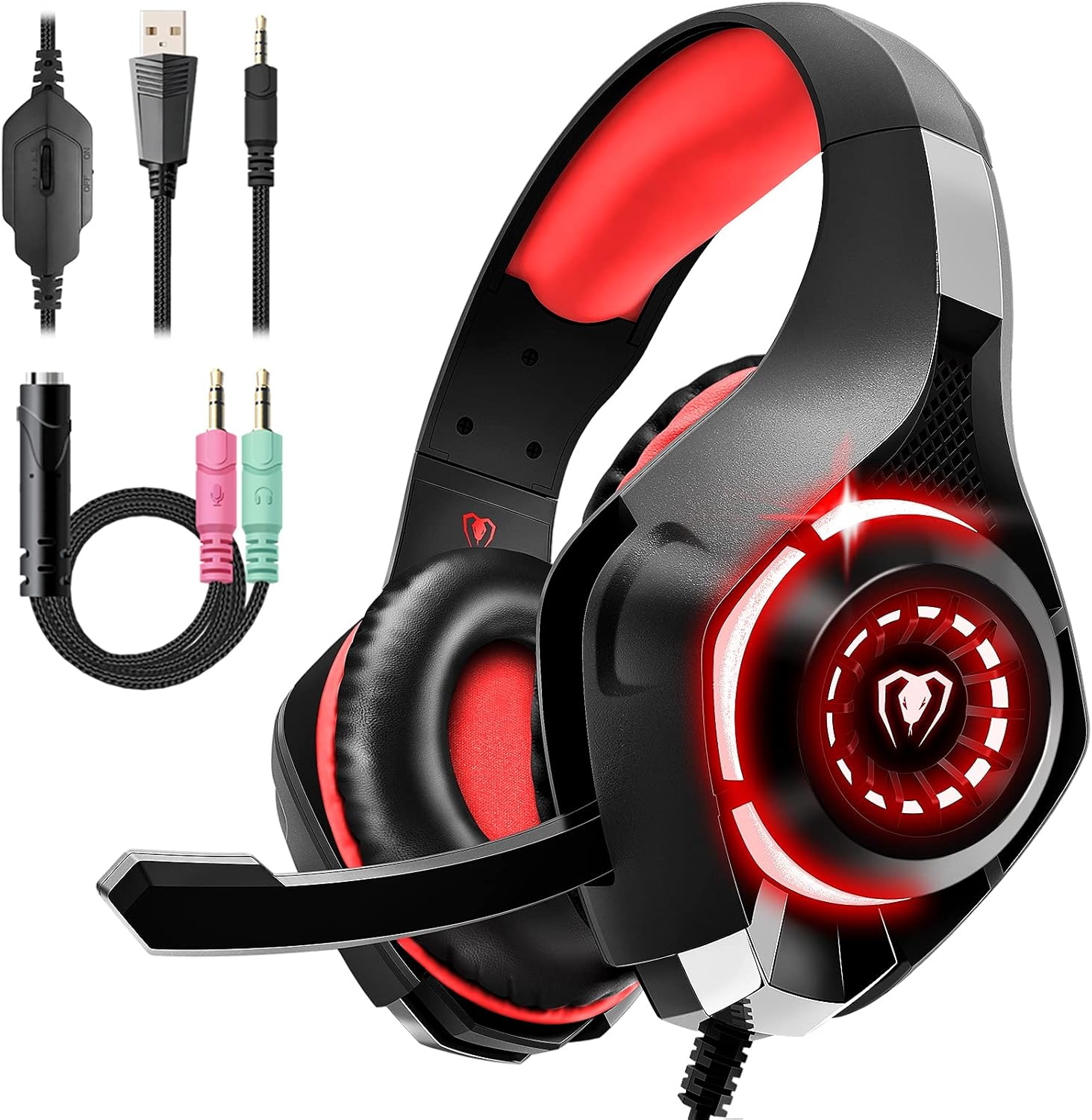 Tatybo Gaming Headset for PS4 PS5 Xbox One Switch PC with Noise Canceling Mic, Deep Bass Stereo Sound Black Red-1