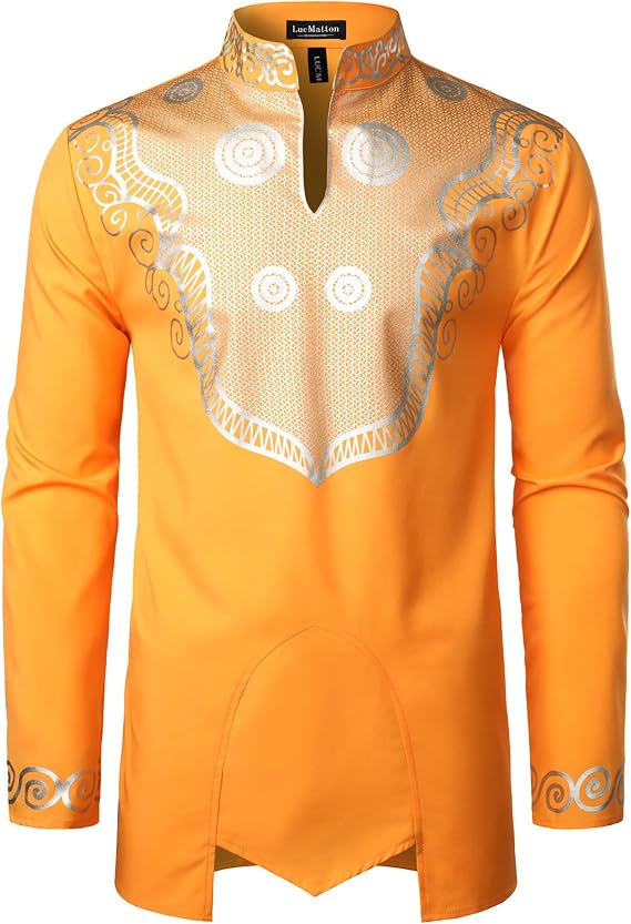LucMatton Men's African Attire Dashiki Long Sleeve Shirt | Traditional, Festival, Wedding, Shiny Foil Printing, Mandarin Collar, Slim Fit, Lightweight