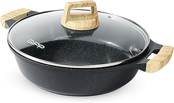 GiPP 5.6L Stockpot, 32cm Shallow Non-Stick Stock Pot - Induction Cooking Pot with Glass Lid - Induction Base Aluminum Saucepan Casserole Pot with Heat Resistant Handles