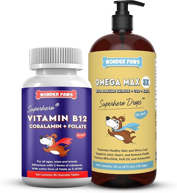 Vitamin B12 Tablets Plus Omega Max Fish Oil - for Dog's Skin Health, Respiratory and Cell Health & Immune Support B12 90 Chewable Tablets - Omega Max 16 Ounces