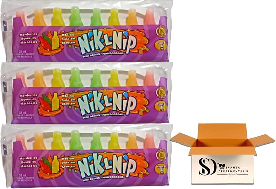 Wax candy Nik L Nips Mini Drinks Wax Bottles 8-Pack - Artificially Flavoured Cherry Cerise, Lemon Citron, Orange, Lime - (Pack of 3)
