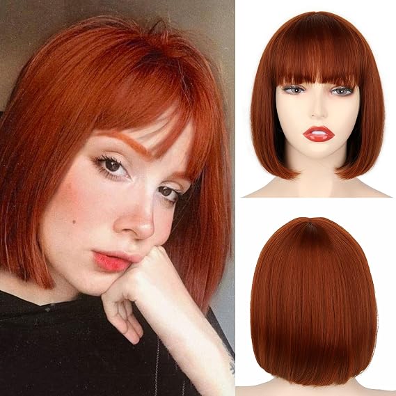 WERD Auburn Red Bob Wig with Bangs Short Synthetic Wig for Women Party | Heat Resistant Fiber, Soft Texture, Adjustable Cap, 10 Inch, Lightweight & Comfortable, Halloween Party Daily Use