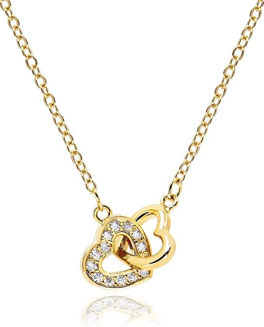 Dainty Double Heart Necklace for Women Gilrs 14K Gold Plated Mom and Daughter Necklaces Linked Two Heart Pendant Non Tarnish Choker Jewelry [HN-DB]