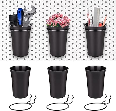 LIGHT DUST 6 Pack Pegboard Cups with Loops, Peg Board Organizer Accessories Cup Holder for Organizing, Black Peg Bins Parts for Garage Workbench Hobby Craft Room Office Tool Shed Home Kitchen