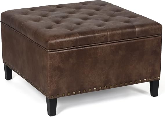 Adeco Large Square Storage Ottoman Bench, PU Leather Tufted Upholstered Coffee Table Footstool Footrest with Wood Legs for Living Room Bedroom, Coffee