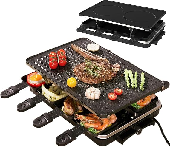 Electric Lndoor Smokeless Grill, 2 in 1 with 8 Raclette Cheese Pans Grills Indoor Combo BBQ for Kitchen & Non-Stick Cooking Removable Plate, Temperature Control, 1500W Searing Grill