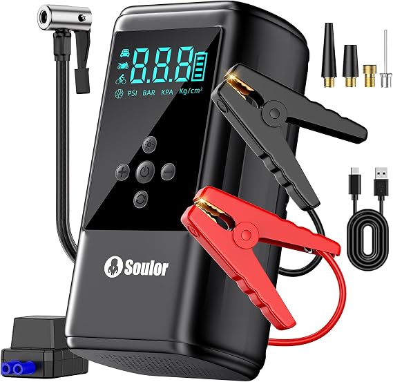 6000A Vehicle Battery Jump Starter with 160PSI Air Compressor, 12V Portable Jump Box for 10L Diesel Engines, Tire Inflator with Digital LED Readout & Emergency Lighting