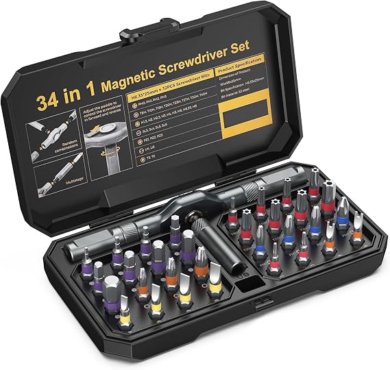 ORIA Magnetic Screwdriver Set, 34 in 1 Ratchet Screwdriver Set, Portable Precision Tool Kit with DIY T Handle, 32 Color-Coded Precision Bits for DIY Furniture Computer Bicycle
