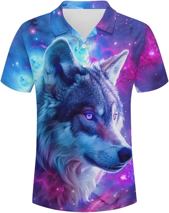 joo meryer Mens Galaxy Wolf Printed Golf Tennis Shirt Short Sleeve Button Down Dry Fit Polo Shirts