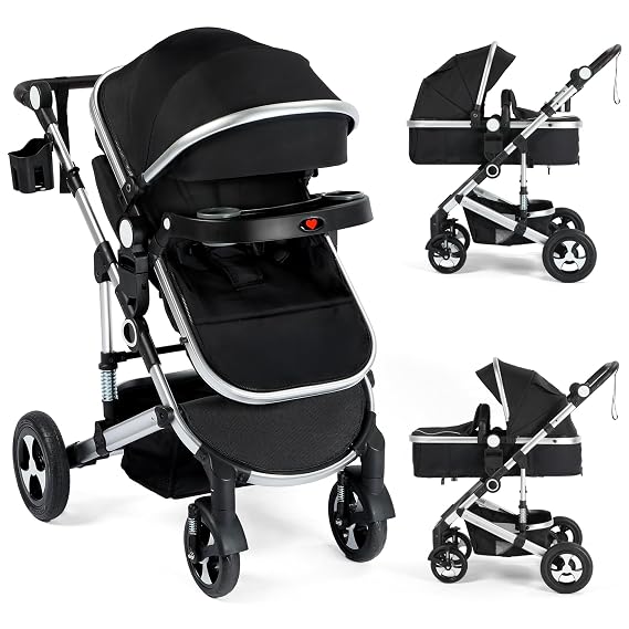 Kinder King 3 in 1 Reversible Baby Stroller wDetachable Tray, Convert to Newborn Pram, Folding Infant Carriage for Toddler, Adjustable Canopy & Handle, Aluminum Alloy, Suspension Wheels, Black