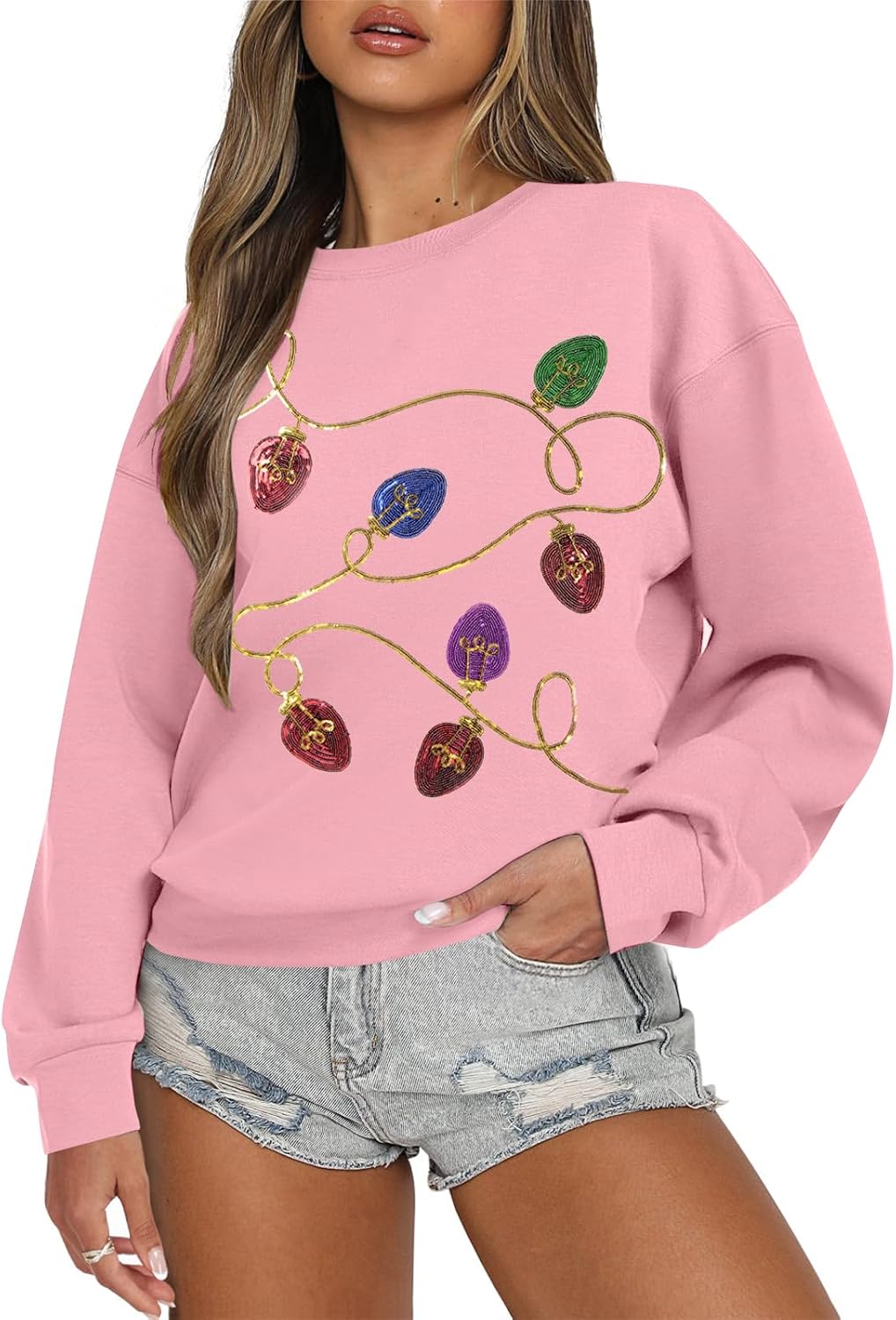 BANGELY Christmas Sequin Sweatshirt Women Christmas Light Sweatshirts Xmas Long Sleeve Shirts Holiday Crewneck Pullover Tops