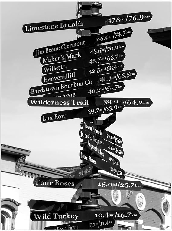 Black and White Bourbon Distilleries Directional Sign,Kentucky Distilleries,Bourbon Photo,Vintage Bourbon Art,Distillery Photo,Kentucky Decor,Rustic Bourbon Bar Wall Decor 11x14inch Unframed