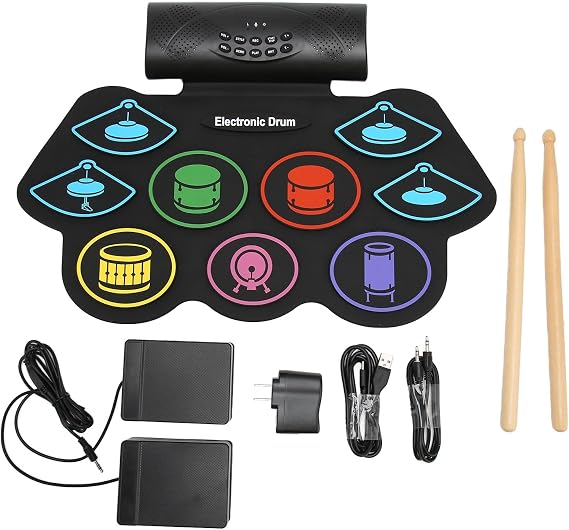 Electronic Drum Set, 9 Pads Roll-Up Electric Drum Kit, Built-in Speaker, Portable Electronic Drum Pad Practice Drum Pad Electronic Drum for Kids Adults